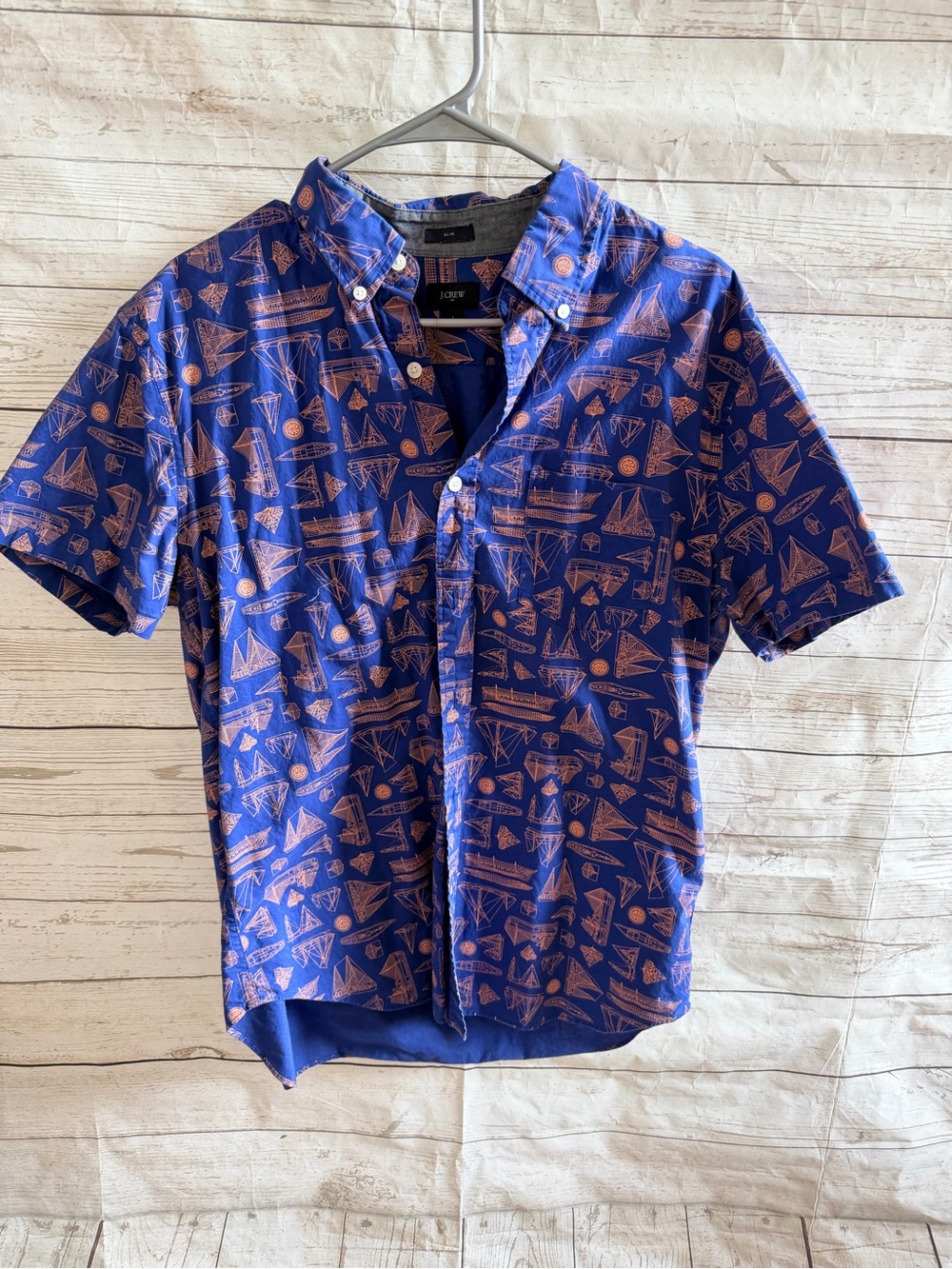 J. Crew Blue Short-Sleeve Button-Down Shirt with Orange Sailboat Print